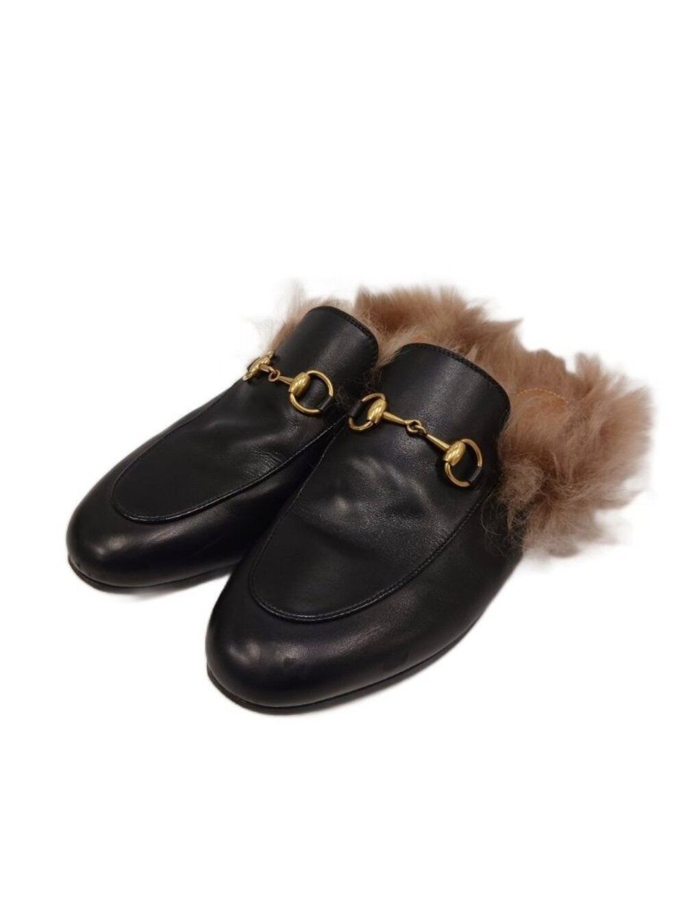 Gucci Prince Town Horsebit Mules Leather Fur Black Brown